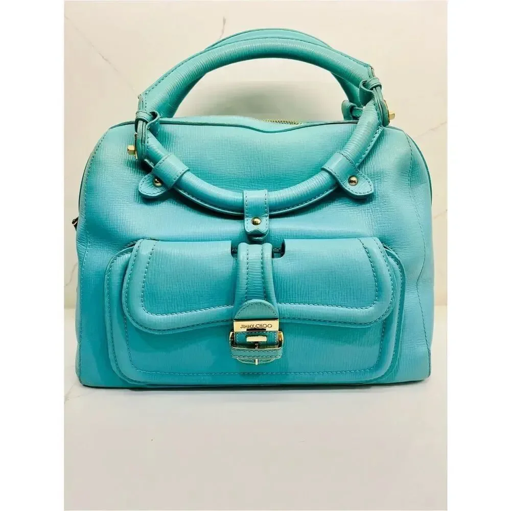 ✨ Jimmy Choo Vintage Turquoise Leather Satchel Top Handle Gold Hardware Bag